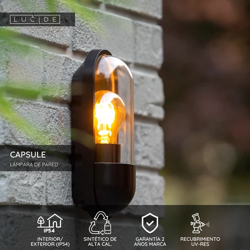 Lucide CAPSULE - Lámpara de pared Dentro/Fuera - 1xE27 - IP54 - Negro - USP